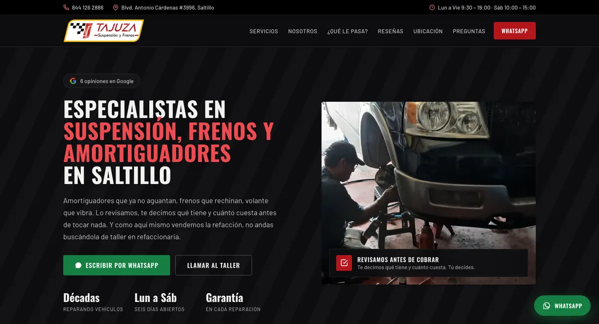 Página web de Suspensión y Frenos Tajuza, hecha por Webora