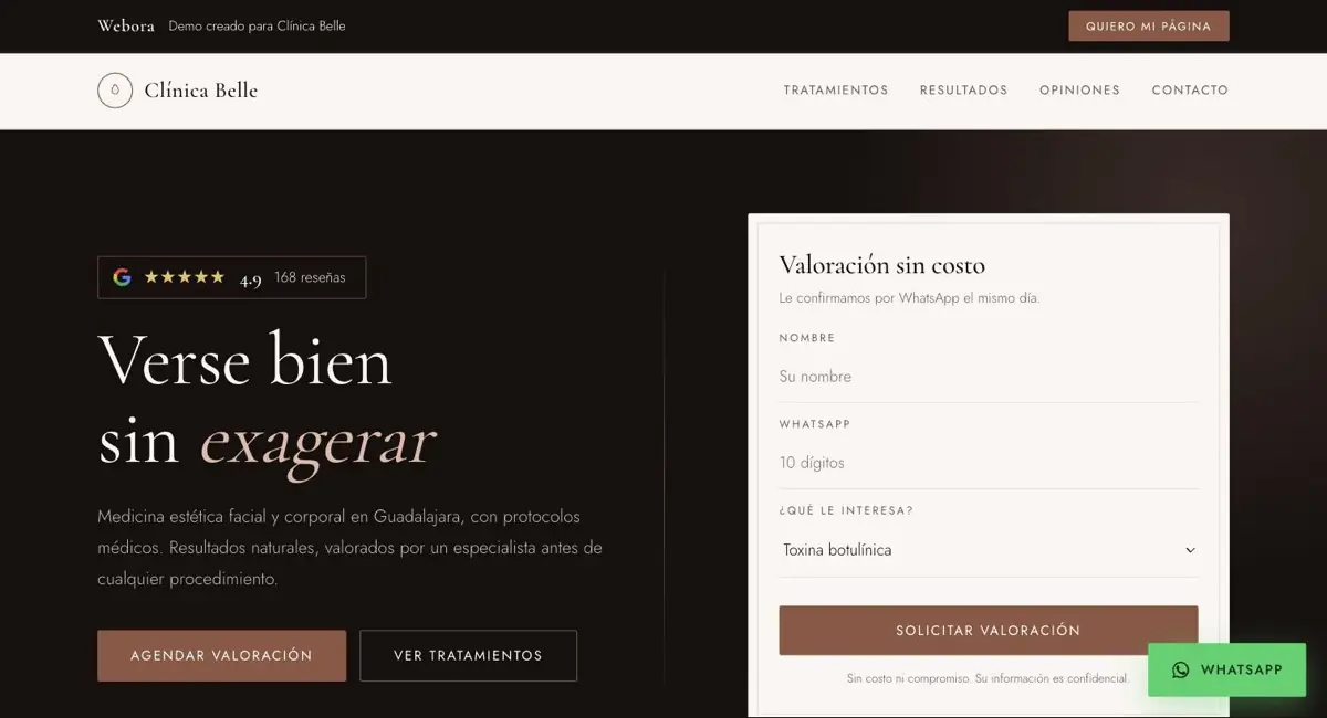 Vista de la página de Clínica Belle